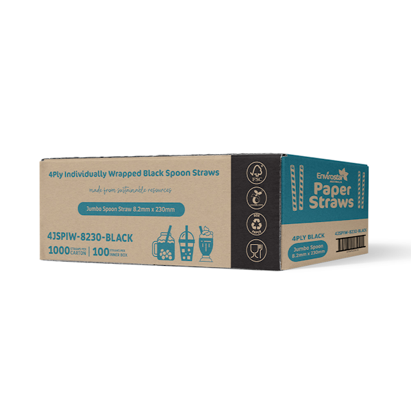 Envirostar | Paper Spoon Straw Black 4 Ply 1000 | Crystalwhite Cleaning Supplies Melbourne