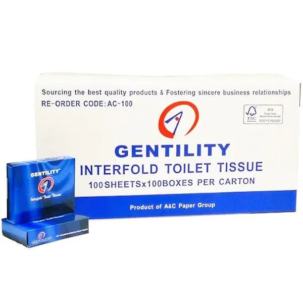 Gentility Interfold Toilet Paper 100 Packets X 100 Sheets | 10,000 Sheets