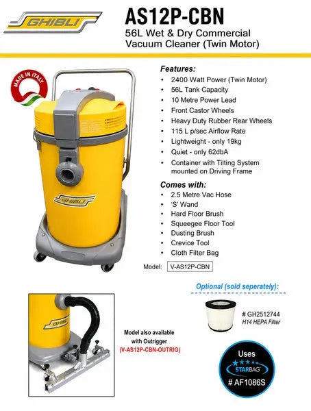 Ghibli | 56L Wet and Dry Vacuum Cleaner | Crystalwhite Cleaning Supplies Melbourne