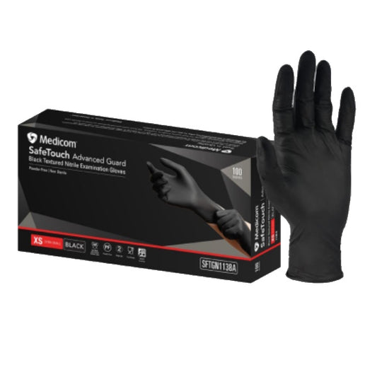 Medicom | SafeTouch Nitrile Disposable Gloves Extra Small Black and Powder Free | Crystalwhite Cleaning Supplies Melbourne