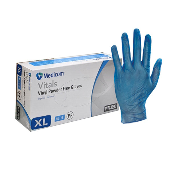Medicom | Vitals Vinyl Extra Large Disposable Gloves Blue and Powder Free | Crystalwhite Cleaning Supplies Melbourne