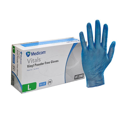 Medicom | Vitals Vinyl Large Disposable Gloves Blue and Powder Free | Crystalwhite Cleaning Supplies Melbourne