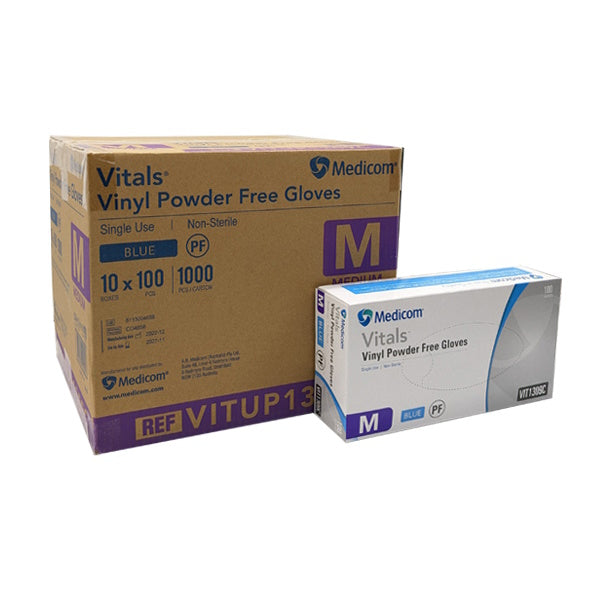 Medicom | Vitals Vinyl Medium Disposable Gloves Blue and Powder Free | Crystalwhite Cleaning Supplies Melbourne