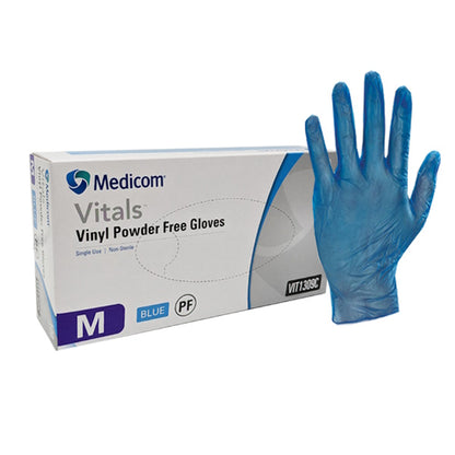 Medicom | Vitals Vinyl Medium Disposable Gloves Blue and Powder Free | Crystalwhite Cleaning Supplies Melbourne