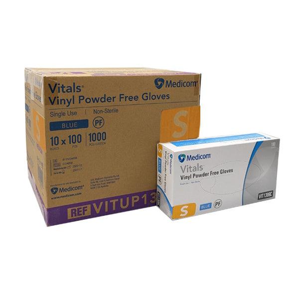 Medicom | Vitals Vinyl Disposable Gloves Blue and Powder Free | Crystalwhite Cleaning Supplies Melbourne