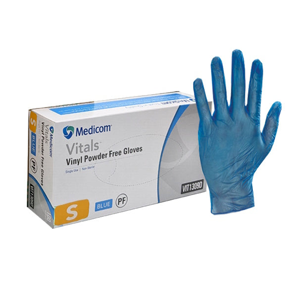 Medicom | Vitals Vinyl Small Disposable Gloves Blue and Powder Free | Crystalwhite Cleaning Supplies Melbourne