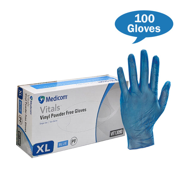 Medicom Vital Blue Vinyl Gloves Powdered Free Extra-Large Size Box | Crystalwhite Cleaning Supplies