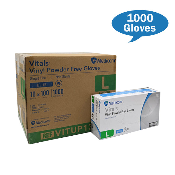 Medicom Vital Blue Vinyl Gloves Powdered Free Large Size Carton Quantity | Crystalwhite Cleaning Supplies