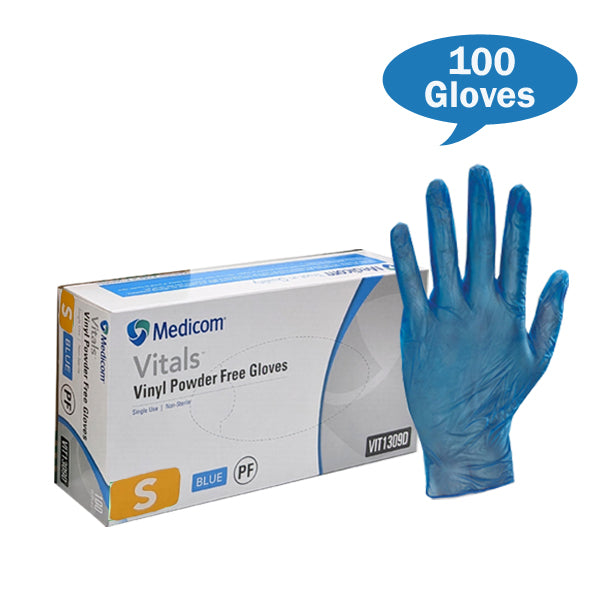 Medicom Vital Blue Vinyl Gloves Powdered Free Small Size Box | Crystalwhite Cleaning Supplies