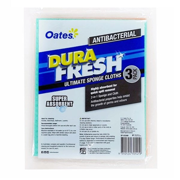 Oates | DuraFresh Antibacterial Sponge Cloth 3Pk | Crystalwhite Cleaning Supplies Melbourne