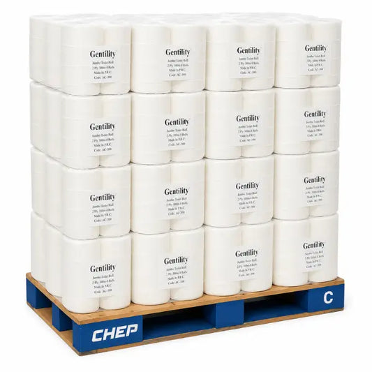 A & C Gentility Paper | Pallet Deal Gentility Jumbo Virgin Toilet Paper 2Ply 8 x 300m Long | Crystalwhite Cleaning Supplies Melbourne