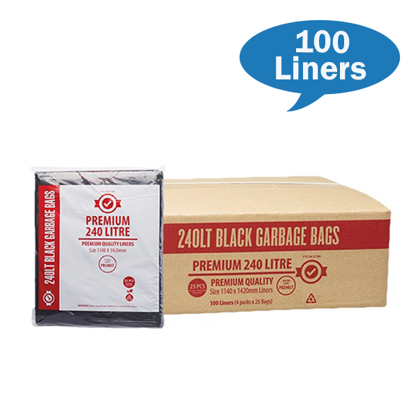Premium 240 Lt Black Rubbish Bin Bags Liner Carton Quantity | Crystalwhite Cleaning Supplies Melbourne