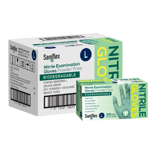 Saniflex | Green Nitrile Biodegradable Examination Gloves Large Box | Crystalwhite Cleaning Supplies Melbourne
