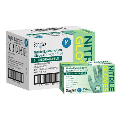 Saniflex | Green Nitrile Biodegradable Examination Gloves Medium Box | Crystalwhite Cleaning Supplies Melbourne