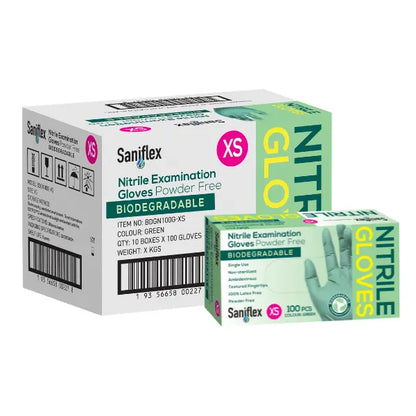 Saniflex | Green Nitrile Biodegradable Examination Gloves Extra Small Box | Crystalwhite Cleaning Supplies Melbourne
