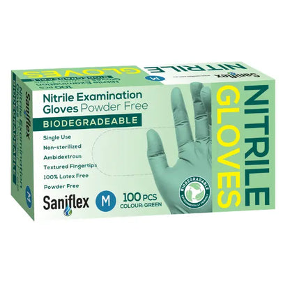 Saniflex | Green Nitrile Biodegradable Examination Gloves Medium | Crystalwhite Cleaning Supplies Melbourne