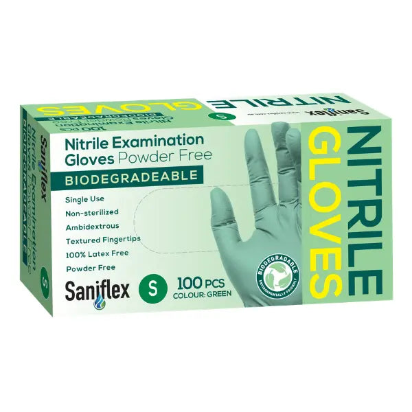 Saniflex | Green Nitrile Biodegradable Examination Gloves Small | Crystalwhite Cleaning Supplies Melbourne