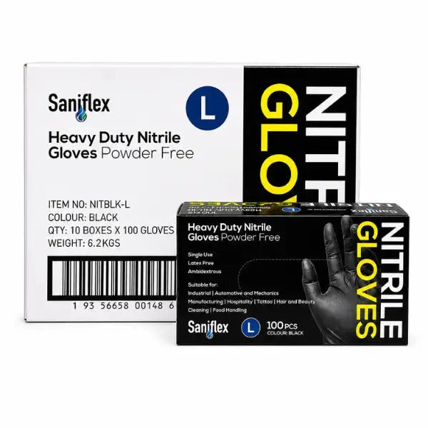 Saniflex | Nitrile HD Gloves Large Box Black and Powder Free | Crystalwhite Cleaning Supplies Melbourne