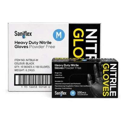 Saniflex | Nitrile HD Gloves Medium Box Black and Powder Free | Crystalwhite Cleaning Supplies Melbourne