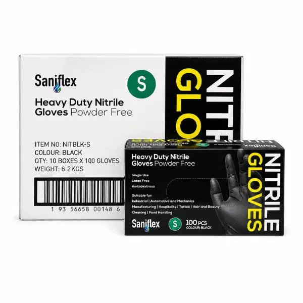 Saniflex | Nitrile HD Gloves Small Box Black and Powder Free | Crystalwhite Cleaning Supplies Melbourne