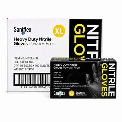 Saniflex | Nitrile HD Gloves XL Box Black and Powder Free | Crystalwhite Cleaning Supplies Melbourne