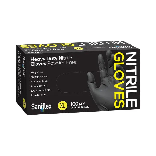 Saniflex | Nitrile HD Gloves XL Black and Powder Free | Crystalwhite Cleaning Supplies Melbourne