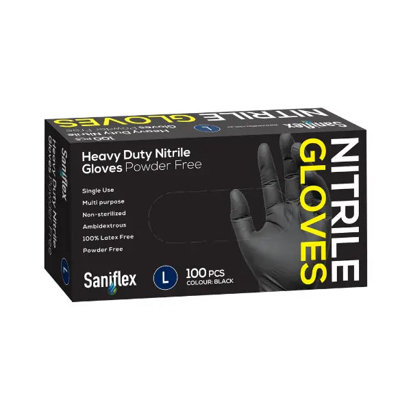 Saniflex | Nitrile HD Gloves Large Black and Powder Free | Crystalwhite Cleaning Supplies Melbourne