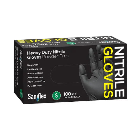 Saniflex | Nitrile HD Gloves Small Black and Powder Free | Crystalwhite Cleaning Supplies Melbourne
