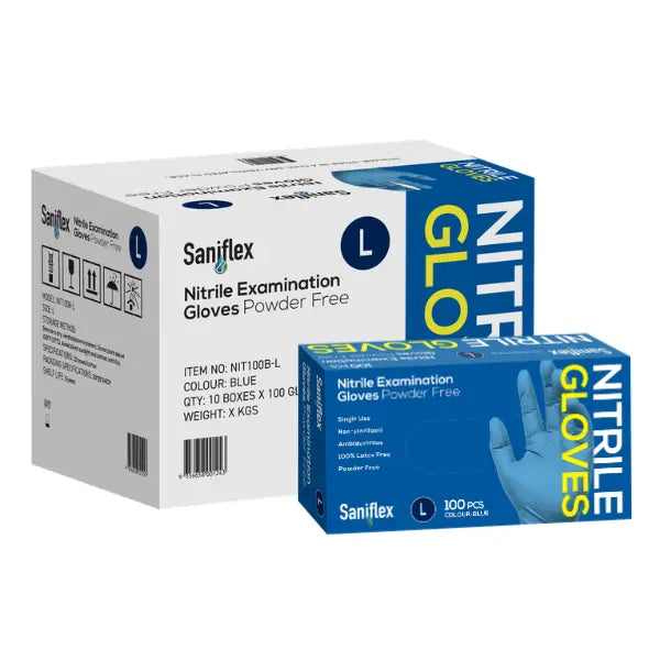 Saniflex | Nitrile Disposable Gloves Blue and Powder Free Large Box | Crystalwhite Cleaning Supplies Melbourne
