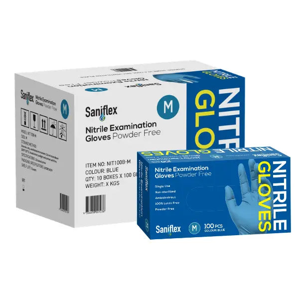 Saniflex | Nitrile Disposable Gloves Blue and Powder Free Medium Box | Crystalwhite Cleaning Supplies Melbourne
