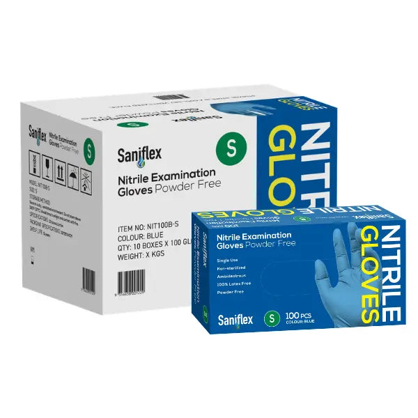 Saniflex | Nitrile Disposable Gloves Blue and Powder Free Small Box | Crystalwhite Cleaning Supplies Melbourne
