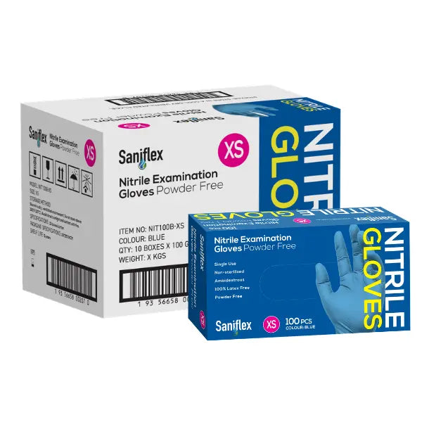 Saniflex | Nitrile Disposable Gloves Blue and Powder Free Extra Small Box | Crystalwhite Cleaning Supplies Melbourne