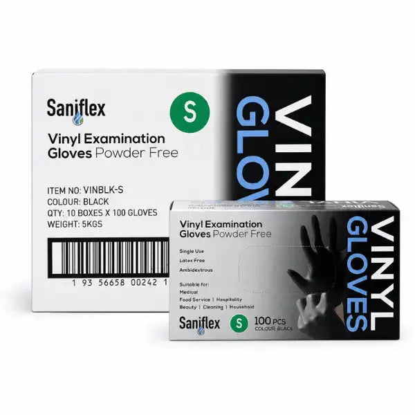 Saniflex | Vinyl Disposable Gloves Black  and Powder Free Small Box | Crystalwhite Cleaning Supplies Melbourne