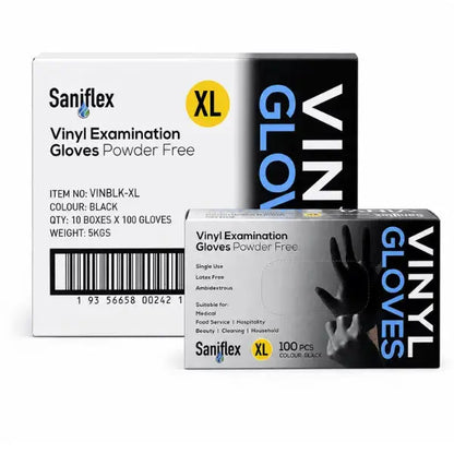Saniflex | Vinyl Disposable Gloves Black  and Powder Free XL Box | Crystalwhite Cleaning Supplies Melbourne