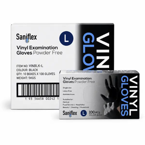 Saniflex | Vinyl Disposable Gloves Black  and Powder Free Large Box | Crystalwhite Cleaning Supplies Melbourne