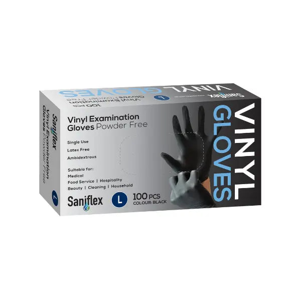 Saniflex | Vinyl Disposable Gloves Black  and Powder Free Large | Crystalwhite Cleaning Supplies Melbourne