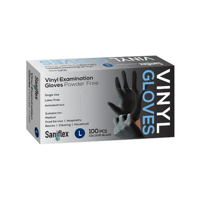 Saniflex | Vinyl Disposable Gloves Black  and Powder Free Large | Crystalwhite Cleaning Supplies Melbourne