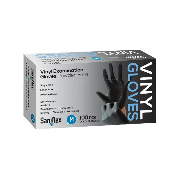Saniflex | Vinyl Disposable Gloves Black  and Powder Free Medium | Crystalwhite Cleaning Supplies Melbourne