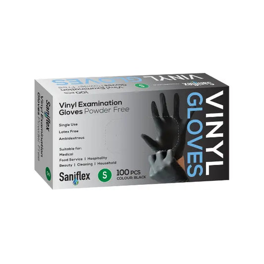 Saniflex | Vinyl Disposable Gloves Black  and Powder Free Small | Crystalwhite Cleaning Supplies Melbourne