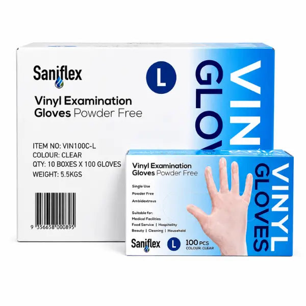 Saniflex | Vinyl Disposable Gloves Large Box Clear and Powder Free | Crystalwhite Cleaning Supplies Melbourne