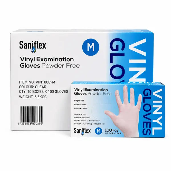 Saniflex | Vinyl Disposable Gloves Medium Box Clear and Powder Free | Crystalwhite Cleaning Supplies Melbourne