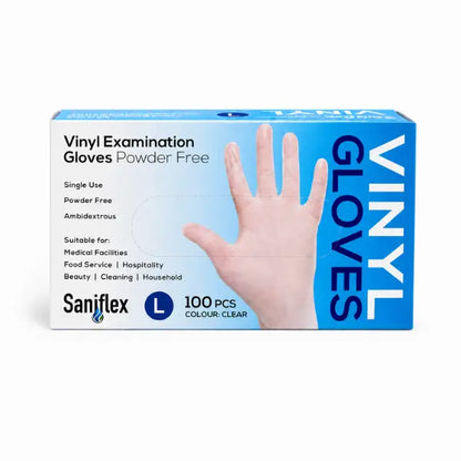 Saniflex | Vinyl Disposable Gloves Large  Clear and Powder Free | Crystalwhite Cleaning Supplies Melbourne