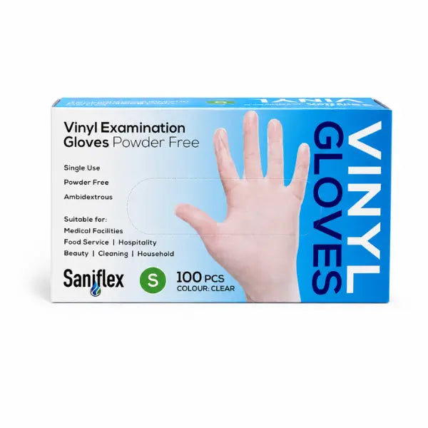 Saniflex | Vinyl Disposable Gloves Small  Clear and Powder Free | Crystalwhite Cleaning Supplies Melbourne