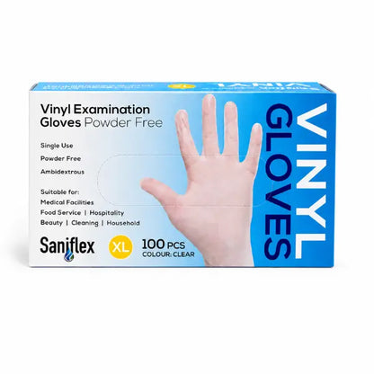 Saniflex | Vinyl Disposable Gloves XL Clear and Powder Free | Crystalwhite Cleaning Supplies Melbourne