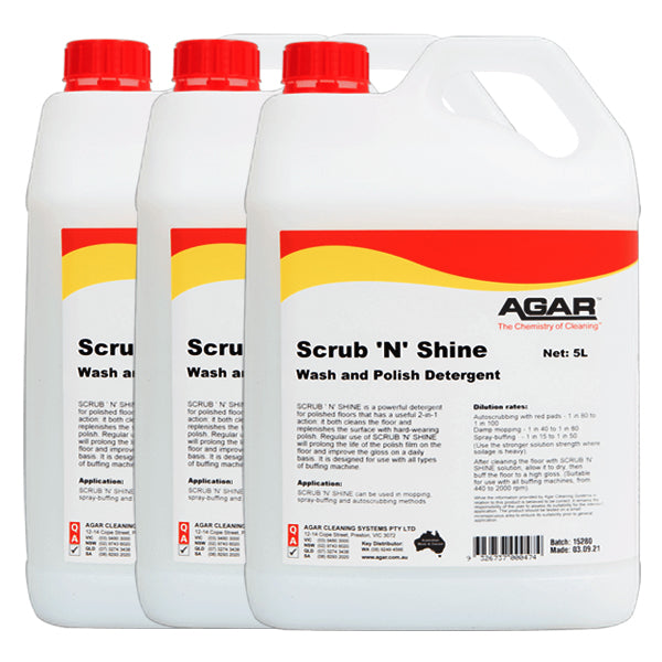 Agar | Agar Scrub N Shine Wash and Polish Detergent 5Lt Carton Quantity | Crystalwhite Cleaning Supplies Melbourne