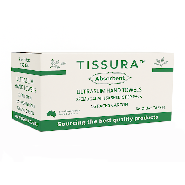 Tissura | Absorbent Ultraslim Hand Towel 23 X 24cm 2400 Sheets | Crystalwhite Cleaning Supplies Melbourne