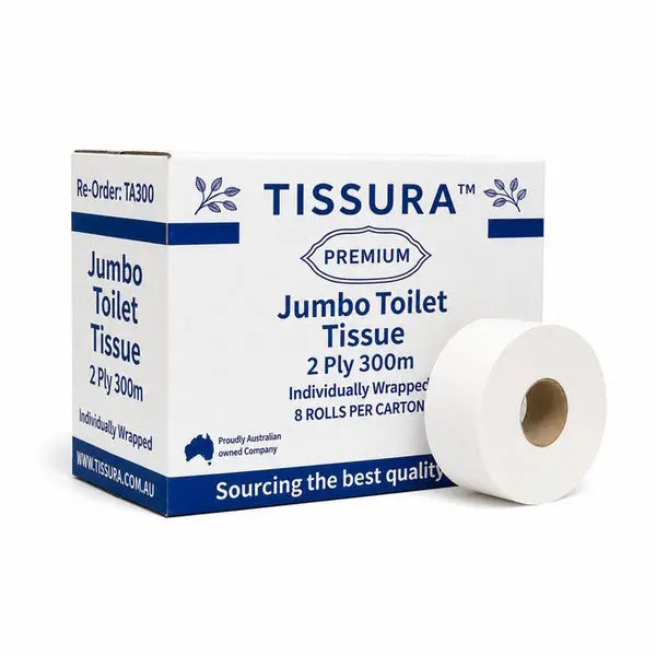 Tissura | Premium Jumbo Toilet Paper 2Ply 8 X 300m Long | Crystalwhite Cleaning Supplies Melbourne