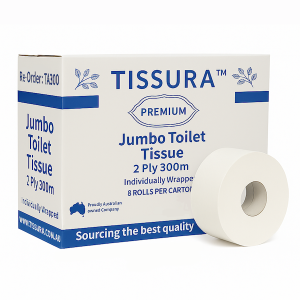 Tissura | Premium Jumbo Toilet Paper 2Ply 8 X 300m Long | Crystalwhite Cleaning Supplies Melbourne