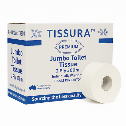 Tissura | Premium Jumbo Toilet Paper 2Ply 8 X 300m Long | Crystalwhite Cleaning Supplies Melbourne
