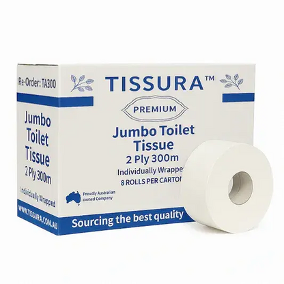 Tissura Paper | Tissura Premium Jumbo Toilet Paper 2Ply | 8 X 300m Long | Crystalwhite Cleaning Supplies Melbourne